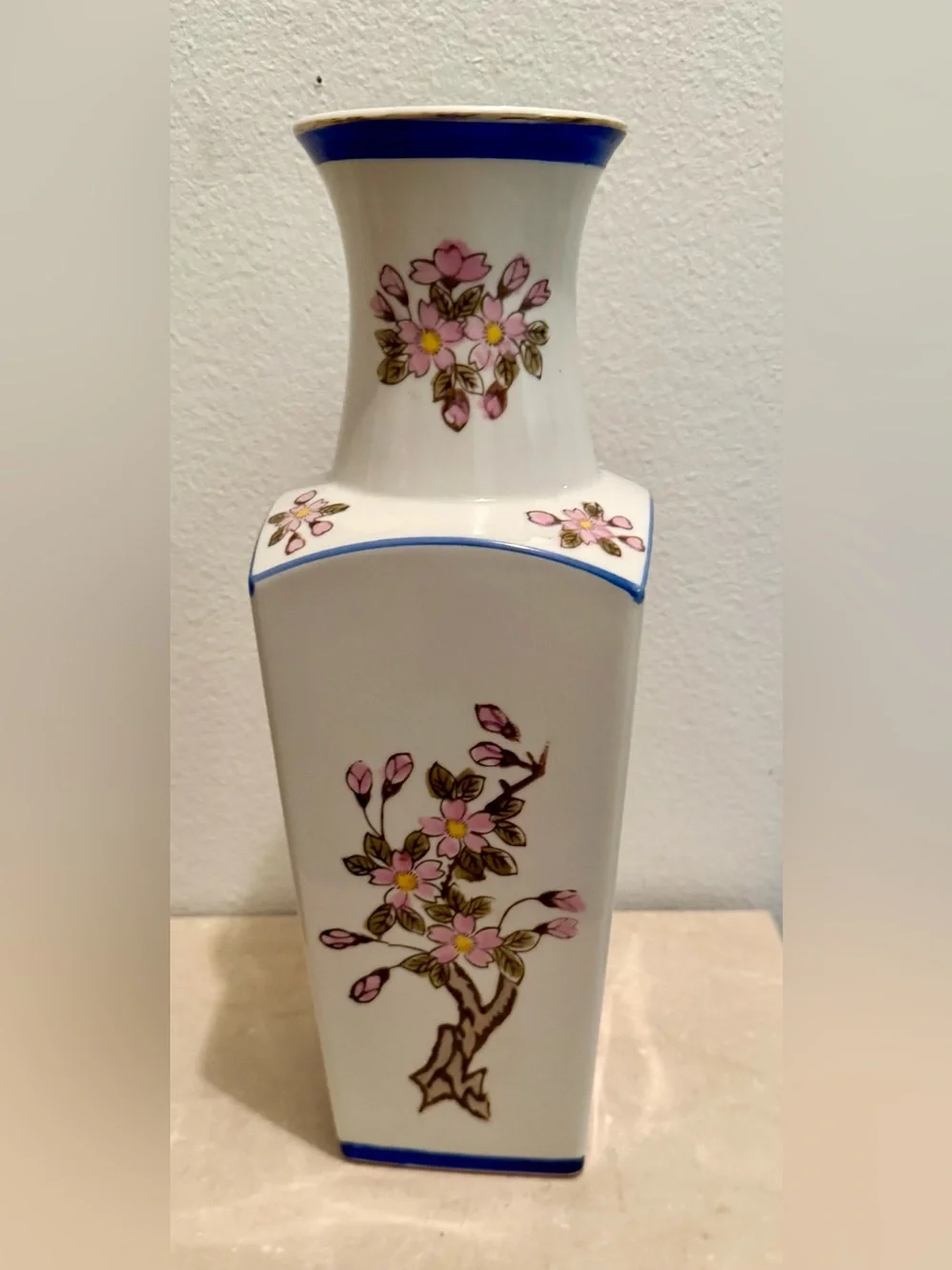 Japanese 12.25” vase. White porcelain hand-painted cherry blossoms & gold rim.